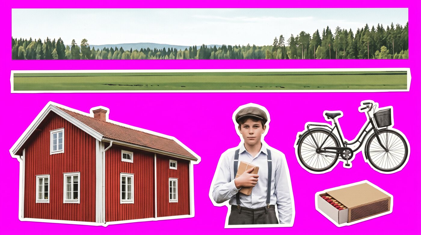 All six pieces of the IKEA film’s last beat drawn on a flat magenta sheet