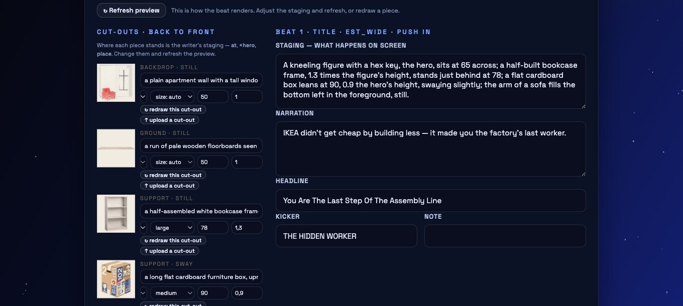 A beat in the storyboard: pieces on the left, staging, narration and headline on the right