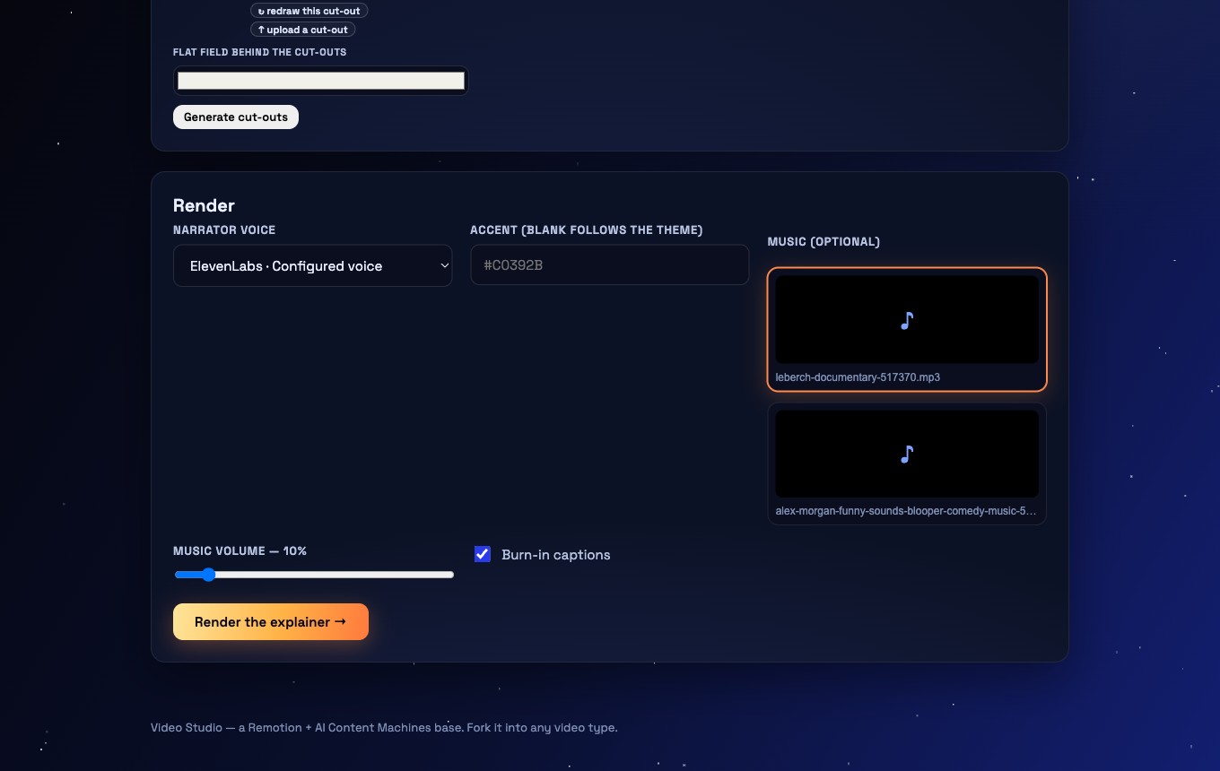 The render panel: narrator voice, accent, music, captions